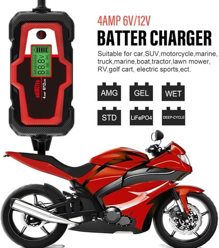 BAIDETEK 6V/12V 4A شاحن بطارية السيارة، صيانة البطارية التلقائية، شاحن ذكي لبطارية السيارة، الدراجة النارية، بطارية ليثيوم LifePO4، ATV، القارب، الشاحنة، بطارية حمض الرصاص لجزازة العشب in Kuwait