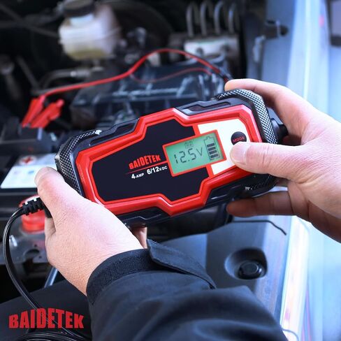 BAIDETEK 6V/12V 4A شاحن بطارية السيارة، صيانة البطارية التلقائية، شاحن ذكي لبطارية السيارة، الدراجة النارية، بطارية ليثيوم LifePO4، ATV، القارب، الشاحنة، بطارية حمض الرصاص لجزازة العشب in Kuwait