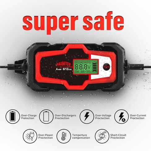 BAIDETEK 6V/12V 4A شاحن بطارية السيارة، صيانة البطارية التلقائية، شاحن ذكي لبطارية السيارة، الدراجة النارية، بطارية ليثيوم LifePO4، ATV، القارب، الشاحنة، بطارية حمض الرصاص لجزازة العشب in Kuwait