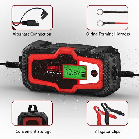BAIDETEK 6V/12V 4A شاحن بطارية السيارة، صيانة البطارية التلقائية، شاحن ذكي لبطارية السيارة، الدراجة النارية، بطارية ليثيوم LifePO4، ATV، القارب، الشاحنة، بطارية حمض الرصاص لجزازة العشب in Kuwait