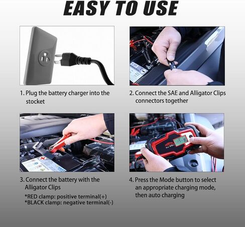 BAIDETEK 6V/12V 4A شاحن بطارية السيارة، صيانة البطارية التلقائية، شاحن ذكي لبطارية السيارة، الدراجة النارية، بطارية ليثيوم LifePO4، ATV، القارب، الشاحنة، بطارية حمض الرصاص لجزازة العشب in Kuwait