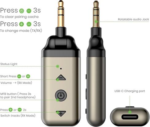 AIR99 Bluetooth Transmitter for Headphones, 2-in-1 Bluetooth Audio Adapter for All 3.5mm Jack Systems, Connect 2 AirPods or BT Devices, Perfect for Airplane TV iPod Car Home Stereo in Saudi Arabia