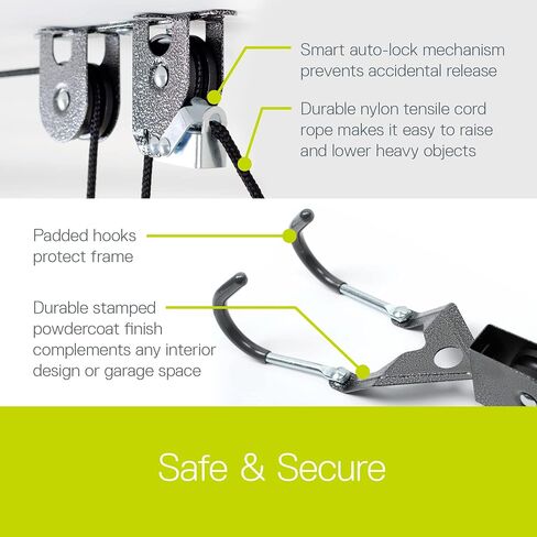 Bike Hoist- Heavy Duty for Space Saving - Road, Commuter & Mountain Bikes, Holds Kayaks & Ladders - No-Hassle Installation for Quick & Easy Access in Kuwait