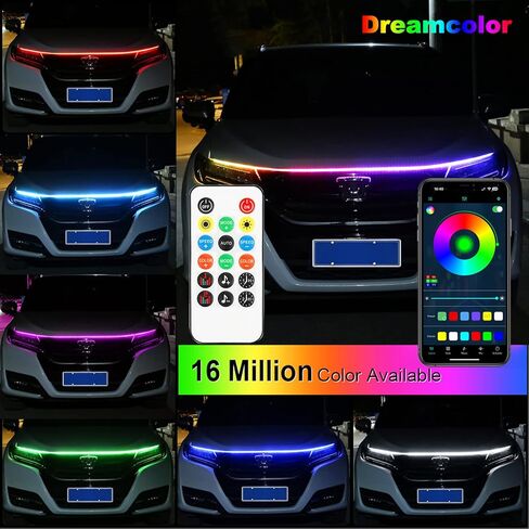 Jushope 71 Inches Car Hood LED Light Strips, Car Exterior Lights with Dreamcolor Chasing, Flexible RGB Daytime Running Light with Wireless APP and Remote Control, Waterproof LED Headlights for Car in Kuwait