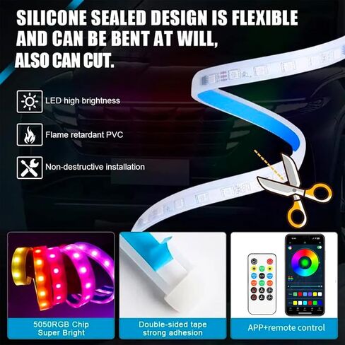 Jushope 71 Inches Car Hood LED Light Strips, Car Exterior Lights with Dreamcolor Chasing, Flexible RGB Daytime Running Light with Wireless APP and Remote Control, Waterproof LED Headlights for Car in Kuwait