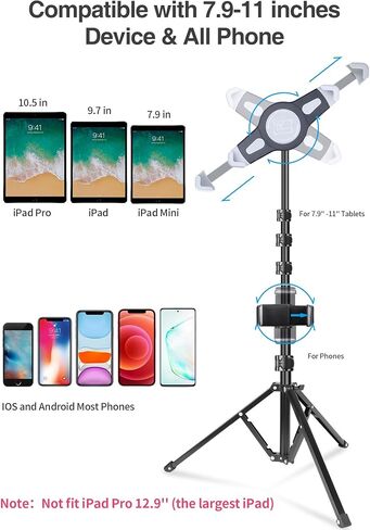 حامل iPad ثلاثي القوائم من Elitehood، حامل iPad من سبائك الألومنيوم، حامل حامل iPad بارتفاع قابل للتعديل 360 درجة للأرضية، متوافق عالمي مع iPad Mini وiPad Air وiPad وجميع الأجهزة اللوحية مقاس 7.9-11 بوصة in Kuwait