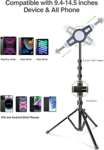 elitehood iPad Tripod Stand, Aluminum Alloy iPad Stand, 360 Rotation Adjustable Height iPad Stand Holder for Floor, Universal Compatible with iPad Mini, iPad Air, iPad and All 7.9-11 Inch Tablet in Saudi Arabia