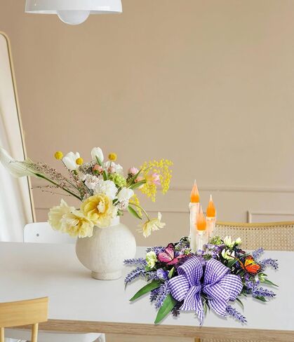 Eksen Fake Flower Centerpiece Table Decorations for Dining Room,Flameless Candles Centerpiece for Table,Artificial Lavender Flower Arrangement for Kitchen Farmhouse Living Room Spring Decor in Saudi Arabia