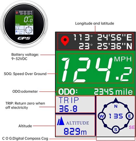 عداد السرعة GPS 85 مم 3-3/8 بوصة رقمي للقارب GPS عداد السرعة مقاوم للماء عقدة ميل في الساعة كم/ساعة قابل للتعديل لسيارة بحرية شاحنة دراجة نارية 9-32 فولت (أسود) in Kuwait