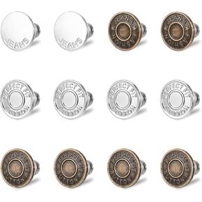 12 Sets No Sew Button Pins for Jeans Adjustable Pants Button Replacement Reusable Loose Jeans Button Waist Tightener Pins Pants Button Tightener Make Loose Jeans Smaller