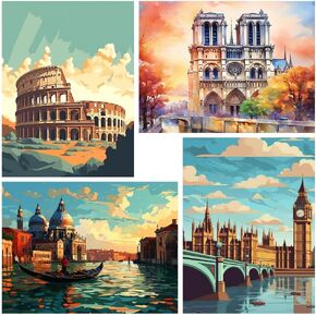 4 عبوات من مجموعات طلاء المباني الشهيرة بالأرقام للبالغين، مجموعة طلاء المناظر الطبيعية للكبار حسب الأرقام على القماش، لوحة رسم زيتية للمدينة DIY مع فرش طلاء مقاس 12 × 16 بوصة in Kuwait