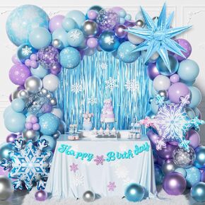 212pcs Frozen Balloon Arch Garland Kit, Blue Purple White Balloons with Fringe Curtain Snowflake Balloons Birthday Banner for Winter Wonderland 3th 4th Frozen Birthday Party Decorations