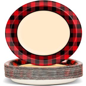 50 Pcs Christmas Red and Black Paper Plates 11*9inch Large Oval Disposable Red Plaid Plates Christmas Red and Black Gingham Party Plates for Holiday Xmas Party Dinner Cookies Dessert Supplies