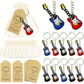 12 Sets Guitar Party Favors Guitar Key Chains with Organza Bags Thank You Tags for Birthday Party 80s 90s Party Rock and Roll Theme Karaoke Music Party Baby Shower Supplies