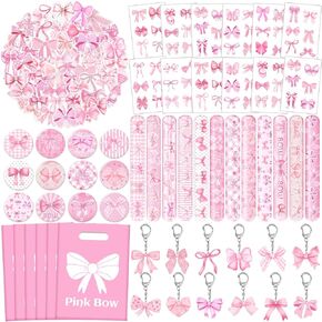 110 PCS Pink Coquette Bow Party Favors, Pink Coquette Bow Temporary Tattoos Slap Bracelets Stickers Keychains Badges Gift Bags for Bow Coquette Birthday Party Decorations Supplies for Kids Girls