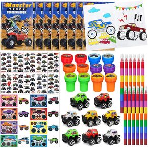 Cinrobiye 72Pcs Monster Truck Coloring Book with Crayons Bulk，Truck Car Party Favors Goodie Bags Fillers，Hot Wheels Birthday Party Supplies Face Stickers Tattoo Prizes Gift for Monster Truck Party