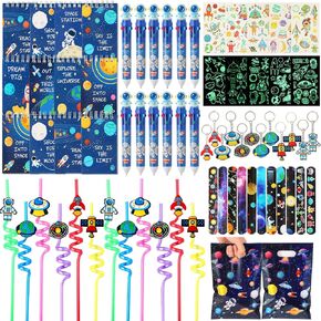 LiYiQ 87 Pcs Space Party Favors with Spiral Notebooks, Pens, Reusable Straws, Slap Bracelets, Keychains, Temporary Tattoos, Stickers and Gift Bags for Kids Birthday Party Supplies