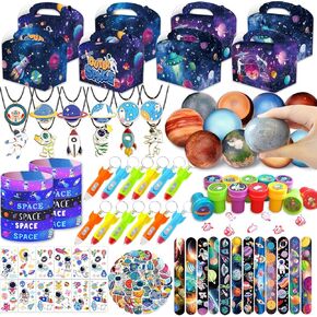 Bluegogo 151Pcs Space Party Favors, Space Birthday Party Decorations Include Stress Ball Bracelet Tattoo Stickers Stamp, Necklace, Rocket Keychain Gift Box for Kids Space Party Supplies