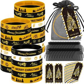 Liliful 24 Set Golden Black Christmas Silicone Bracelets Gifts Set, Golden Xmas Rubber Wristbands with Tags and Organza Bags for Xmas Goody Bag Stuffers Christmas Classroom Gifts Christmas Party Favor