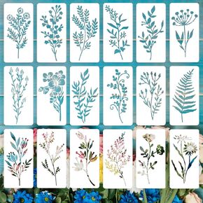Flower and Leaf Stencils for Painting, 18PCS 6 x 3 Inch Plastic Stencils for Crafts Reusable, Small Flower Stencils for Home Decor and DIY Projects