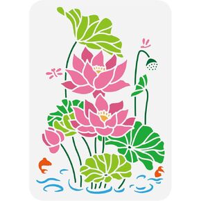 FINGERINSPIRE Lotus Water Lily Painting Stencil 11.7x8.3 inch Hollow Out Lotus Flower Bud Leaf Craft Stencil Fish Dragonfly Drawing Stencil Pond Scene Stencil for Wall, Photo Album, Furniture Decor