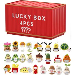 Lucky Box 4pcs Positive Handmade Crochet Cute Funny Emotional -Gifts Small Plush Giftsboxes for Women Men Friends Room Party Decors