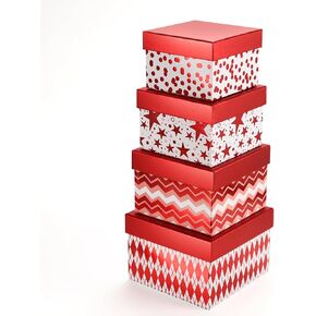 5PCS Christmas Nesting Gift Boxes Set, Silver Foil Mirrored Xmas Tree Car Square Cardboard Nested Box w/Lid, for Gift Wrapping New Year, Assorted Size