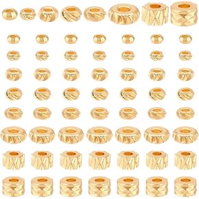 PH PandaHall 80pcs 18k Gold Plated Beads 8 Styles Rack Plating Brass Spacer Beads Flat Round Spacer Beads Column Beads Rondelle Spacer Beads for Jewelry Making Bracelet Necklace Beading Craft
