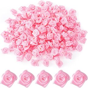 70pcs Mini Pink Ribbon Roses for Craft, Cute Artificial Satin Rose Flowers Ornament, Boutique Rosettes Applique Embellishments for Sewing Wedding Gift Wrapping Decor