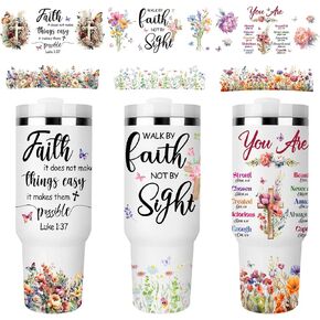 UV DTF Cup Wrap - 3 Set Bible UV DTF Cup Wrap for 40 oz Tumbler, Inspirational Cross Faith Uvdtf Decals, Flower Butterfly Waterproof Rub on Transfer Stickers for Glass