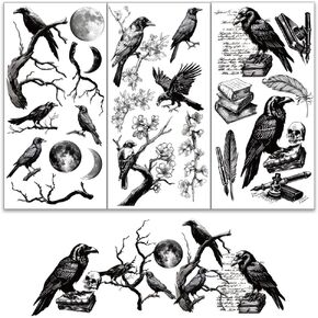 OLYCRAFT 3pcs/Set Vintage Crow Rub on Transfers for Furniture and Crafts 6x12 inch Crow Feather Furniture Decals Moon Decor Transfer Stickers Rub on Decals for Wood Furniture Scrapbooking Home Decor