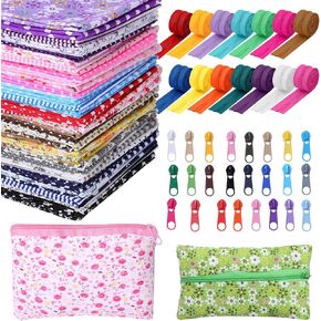 80 Pcs Zippers and Craft Fabric Bundle Squares Set, 24 Zipper Tape 56 Fabric Scraps Multicolor Design Printed Floral Fabric for Sewing Pillow Cases Small Bags Tablecloths