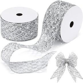 XunYee 20 Yards Glitter Ribbon for Christmas Tree 2.5 Inch Mesh Wired Ribbon Christmas Tree Ribbon Sparkling Ribbon for Gift Wrapping Crafts Garland Wreath Tree Topper Bows(Silver)
