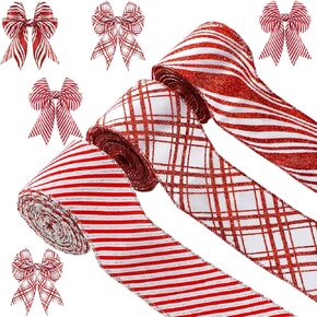3 Roll 15 Yard x 2.5 Inch Christmas Candy Cane Peppermint Wired Edge Ribbon Red and White Striped Ribbon Xmas Gift Wrapping Wreath Bow DIY Embellishment Ribbon Holiday Craft Decoration (Fresh Style)