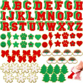 104 Pcs Christmas Chenille Letter Patches Green Iron on Letters Red Letter Patches Self Adhesive Chenille Patches Chenille Embroidered Patch for Clothing Christmas Party Favor
