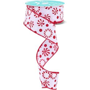 Peppermints and Christmas Candy Wired Ribbon for Crafts, Wreaths, Bows, Floral Arrangements, Gift Wrap (White, Red, 1.5" x 10 Yards)