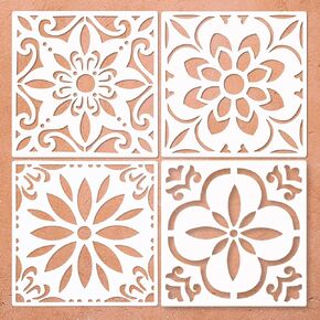 4PCS Mixed Large Concrete Floor Tile Stencils for Painting Floors, Tiles, Walls, Walkways, Concrete Floors, Patios, Reusable Mexican Stencils Mandala Stencils Sunflower Stencils, 12x12 Inches