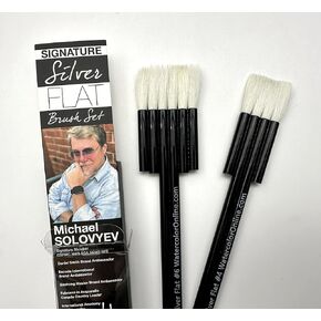 Michael Solovyev Signature Premium Silver Flat Watercolor Brush Set – 2 Brushes (No. 4 & No. 6) with Black Shortened Handles | Ideal for Lifting Technique
