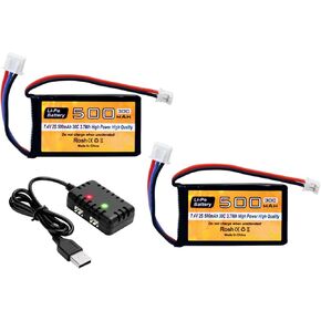 2PCS 7.4V 500mAh 30C Lipo Battery PH2.0 Plug with 2-in-1 Charger for AX24 SCX24 RC Cars, Compatible with Most 1/10, 1/16, 1/18, and 1/24 Ratio Remote Control Cars and Trucks
