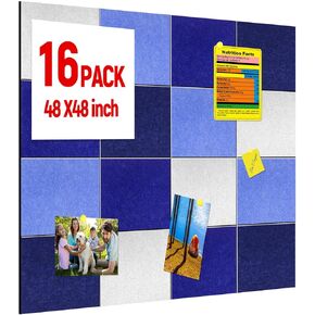 16 Pack Large Felt Cork Boards Bulletin Boards 12" x 12" Felt Wall Tiles Alternative Cork Tiles Safe Removable Felt Boards for Christmas Walls Office Gifts Pin Board Tack Board(Blue Series)