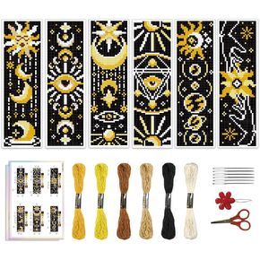 ACRNIGHEET 6PCS Cross Stitch Bookmark Kit for Beginner Sun and Moon Pattern Stamped Cross Stitch Kits for Adults Crossstitch Kits Adult Bookmarks with Instructions Hand Embroidery Craft Gift 11CT