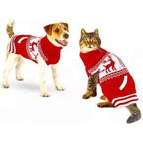 Christmas Winter Cat Dog Sweaters Reindeer Snowflakes and Trees Design - Easy Pull On for Pets- Secure Warm Snug Fit (X-Small, Red White Snowflake Reindeer Sweater)