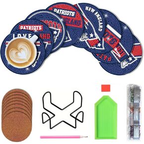 Bartogro 8 Pcs Diamond Painting Coasters Kit, DIY Football Diamond Art Coasters with Holder for New England Adults Kids