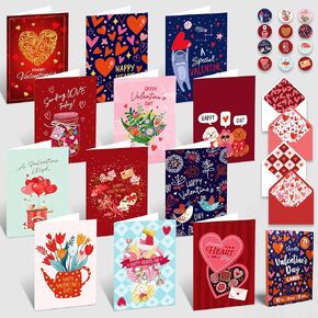 Decorably 24 Pack 4x6in Valentines Day Cards with Envelopes and Stickers, 12 Designs Multipack Valentine's Cards, Valentine Card, with Printed Message Inside - Hearts's Day