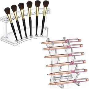 2 Pieces Plastic Pen Holder Stand, 6-Slots 2 Kinds Vertical and Horizontal Pen Display Stand Eyebrow Pen Stand Makeup Brush Rack Organizer for School Office Home Store (Clear)