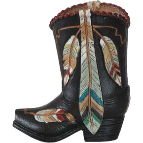 Rustic Decorative Western Cowboy Boot Pencil Pen Holder Vase Caddy Office Decoration (Feather)