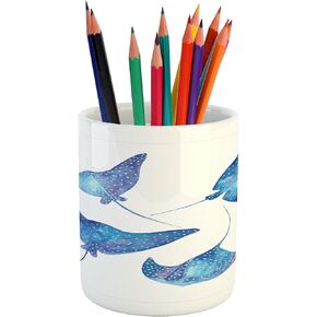 Lunarable Savannah Pencil Pen Holder, Tropical Giraffes Exotic Climates Wilderness Savannah Animals Illustration, Ceramic Pencil Holder for Desk Office Accessory, 3.6" X 3.2", Brown