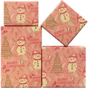 Happy Sweet Snowman in Pink Hats Scarf Warm Gold Christmas Tree Small White Branches Gloves Snowy Wrapping Paper, (4-Foled Flat Sheets, 1-Design: 20 x 28 inch Per Sheet,15 sq. ft. ttl), Kraft Recycled Paper for Holidays, christmas, Birthday, Winter Solsti