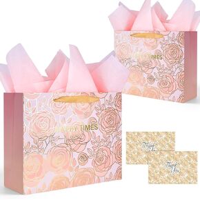 VGOODALL 2PCS Rose Gold Large Gift Bag with Card and Tissue Paper, Pink Wedding Gift Bag 13 x 4.7 x 10.2 Inch Paper Bag for Baby Shower, Birthdays, Bridal Showers, Anniversaries, Wedding Party Favor