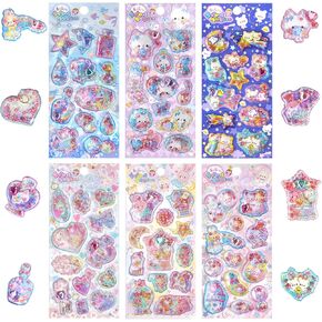3D Glitter Puffy Stickers for Kids Girls- Scented Smelly Stickers with Shaking Beads Gem Embellishment for Students, Unique Sparkly Cute Decorative Stickers for Teachers Adults, 6 Sheet